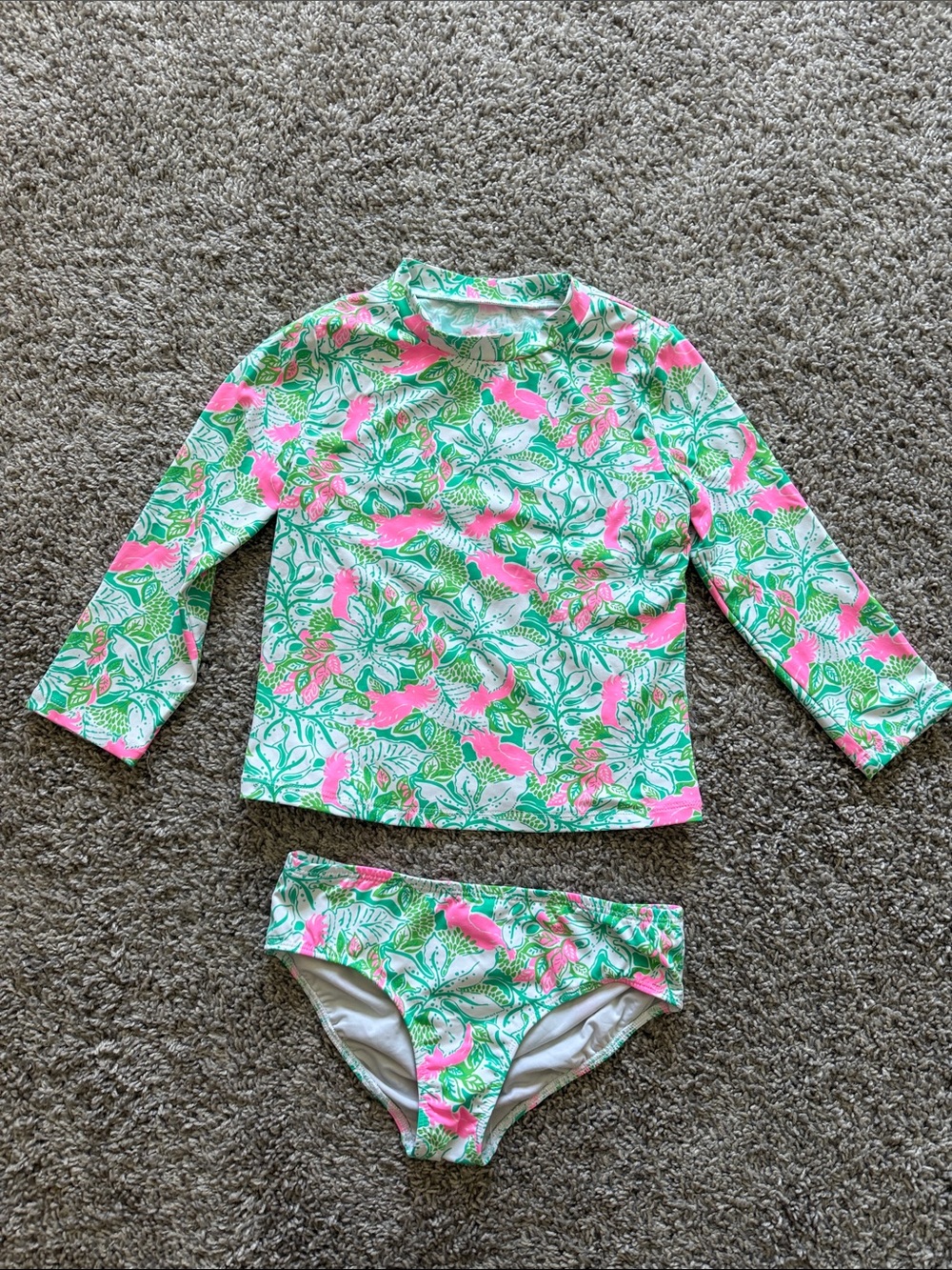 Lilly Pulitzer Kids Long Sleeve Rash Guard Two-Piece Swimsuit in Pink & Green
